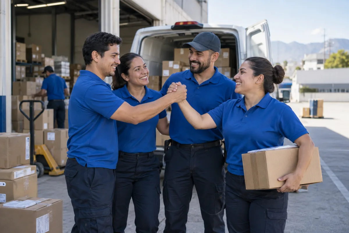 Equipo de reparto celebra un logro en su centro logístico