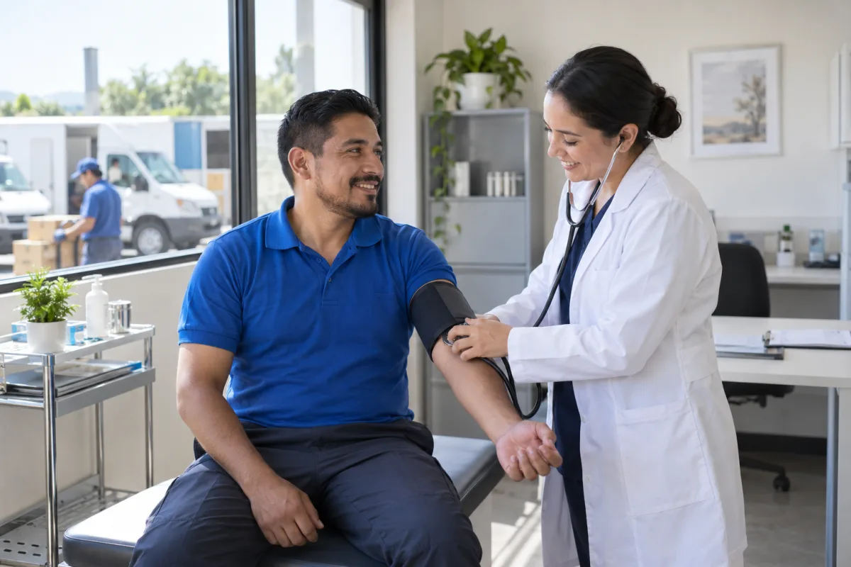 Profesional de salud revisa el bienestar de un repartidor